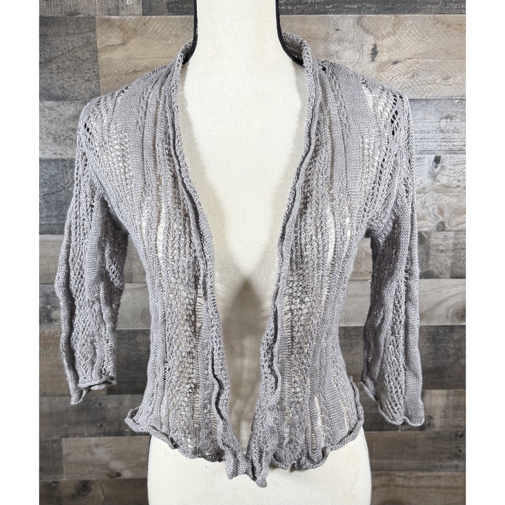 Eileen Fisher Petite Gray Mesh Knit Cardigan PM Medium Lightweight 3/4 Sleeve